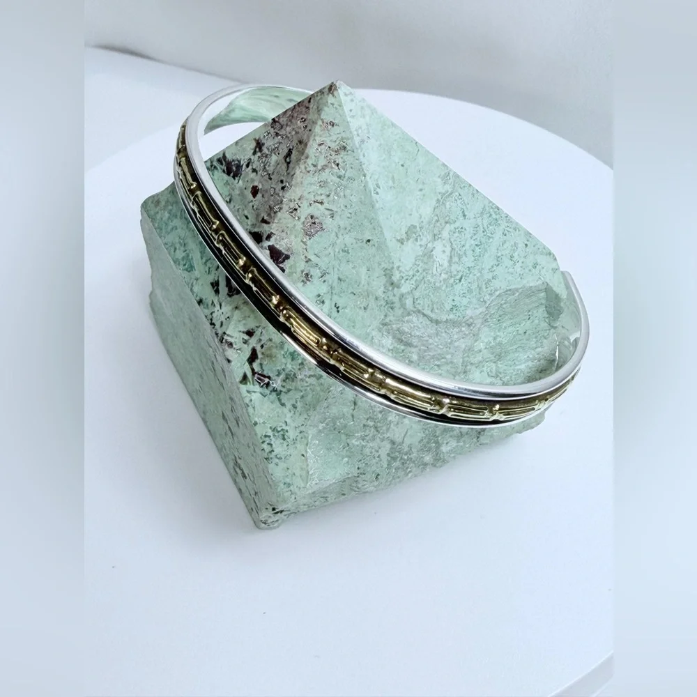 Silpada Rare Oxidized Sterling & Brass Greek Key Design Narrow Cuff Bracelet - Picture 2 of 14